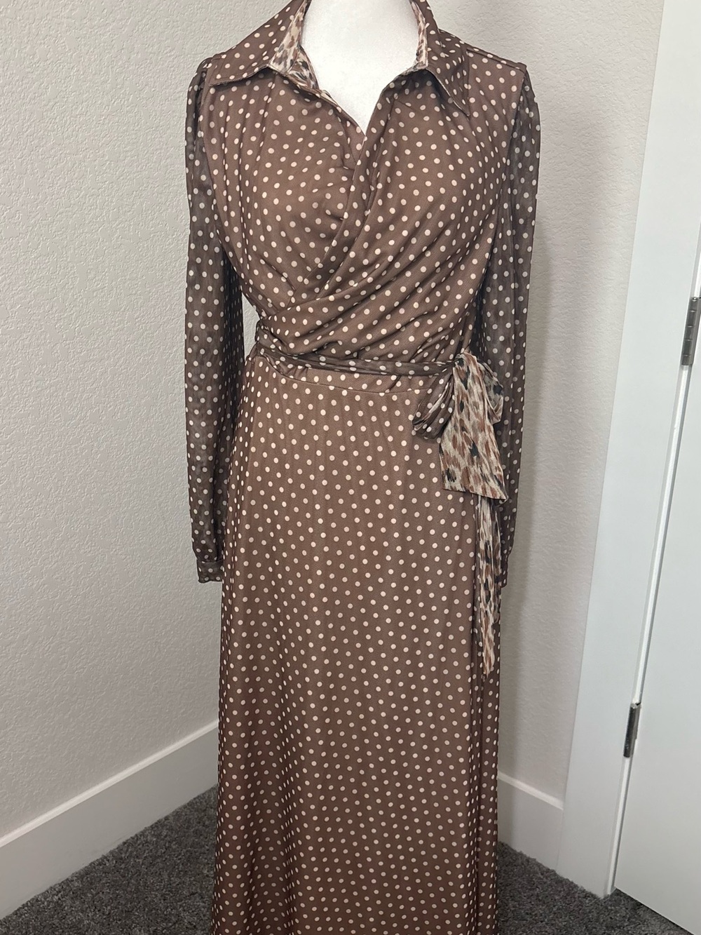 Laundry By Shelli Segal Brown Polka Dot Wrap Maxi Dress